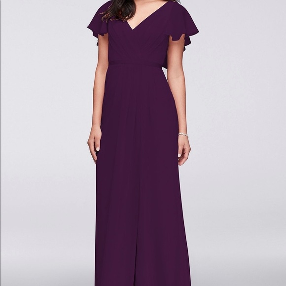 David’s Bridal Flutter Sleeve Chiffon Dress Plum - Picture 1 of 14